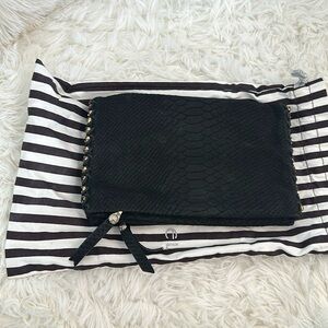 Henri Bendel embellished black snake print clutch NWT